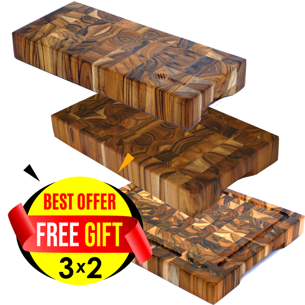 3x2 Deluxe Edge-Grain Teak Cutting Board Set - Free Small Board